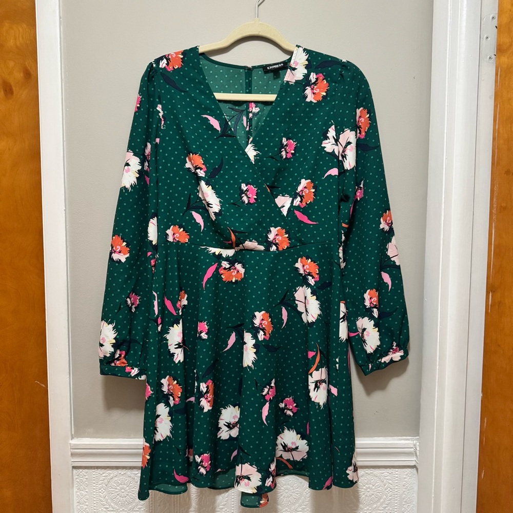 EXPRESS Dress Womens M Green Floral V Neck Long Puff Sleeve Ruffle Mini